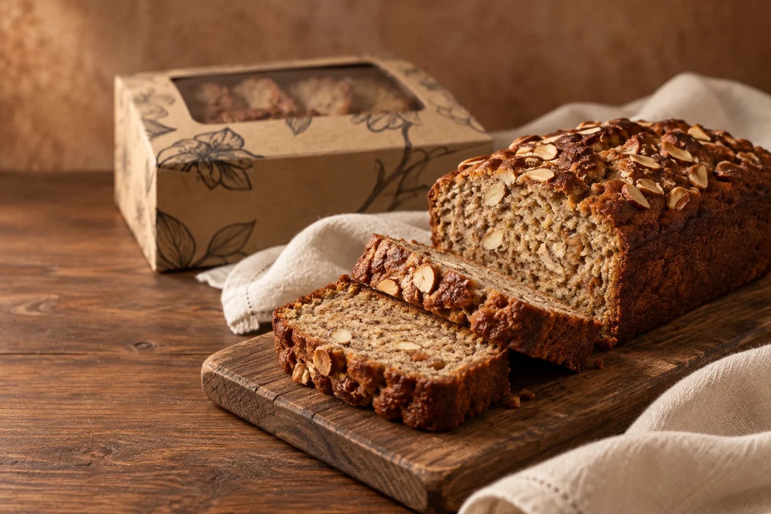 Fresh almond-studded whole-wheat banana bread beside a kraft floral box