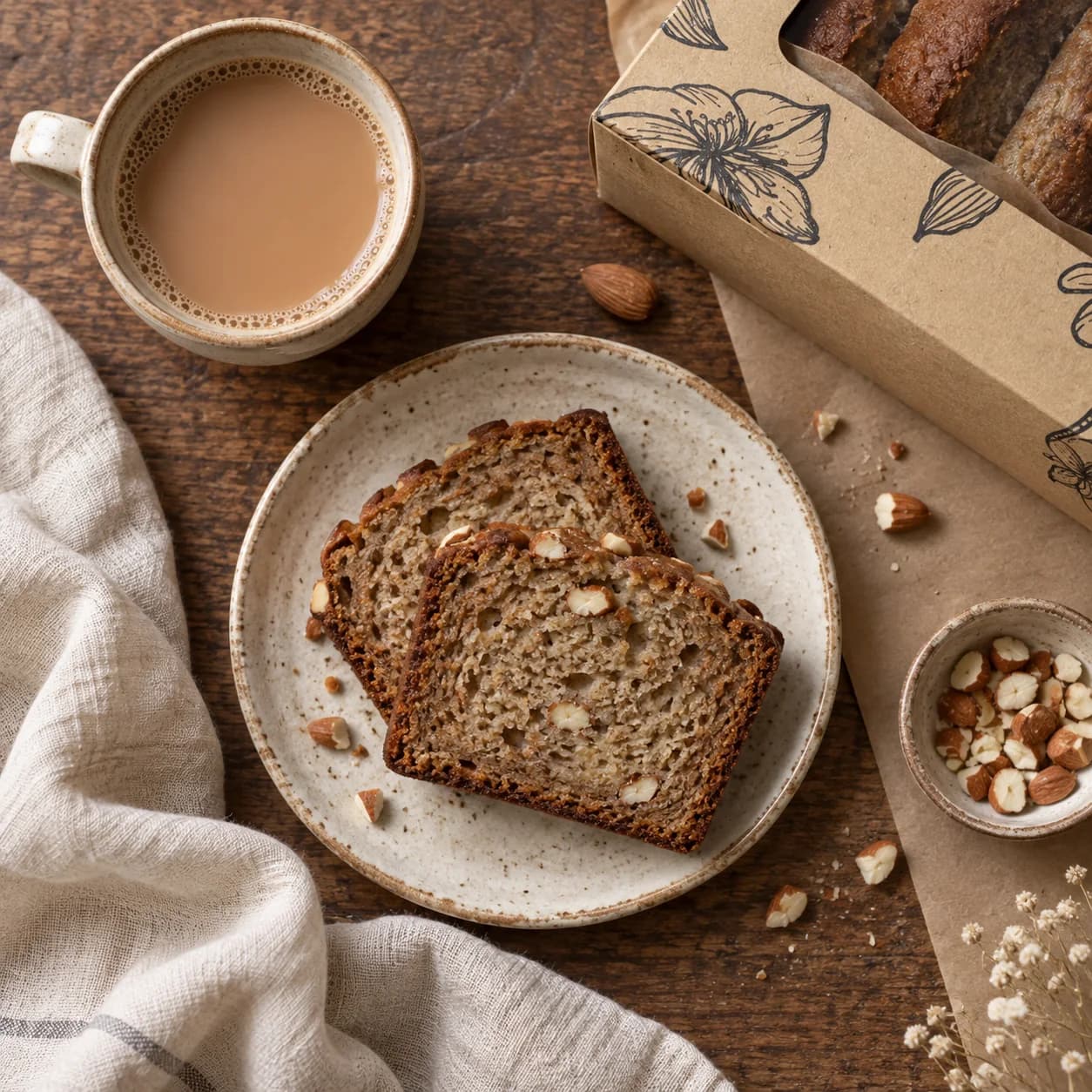 Two slices of almond banana bread served with a warm cup of chai