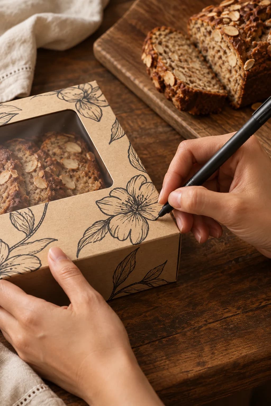 Hands drawing dark botanical flowers across a kraft banana bread box