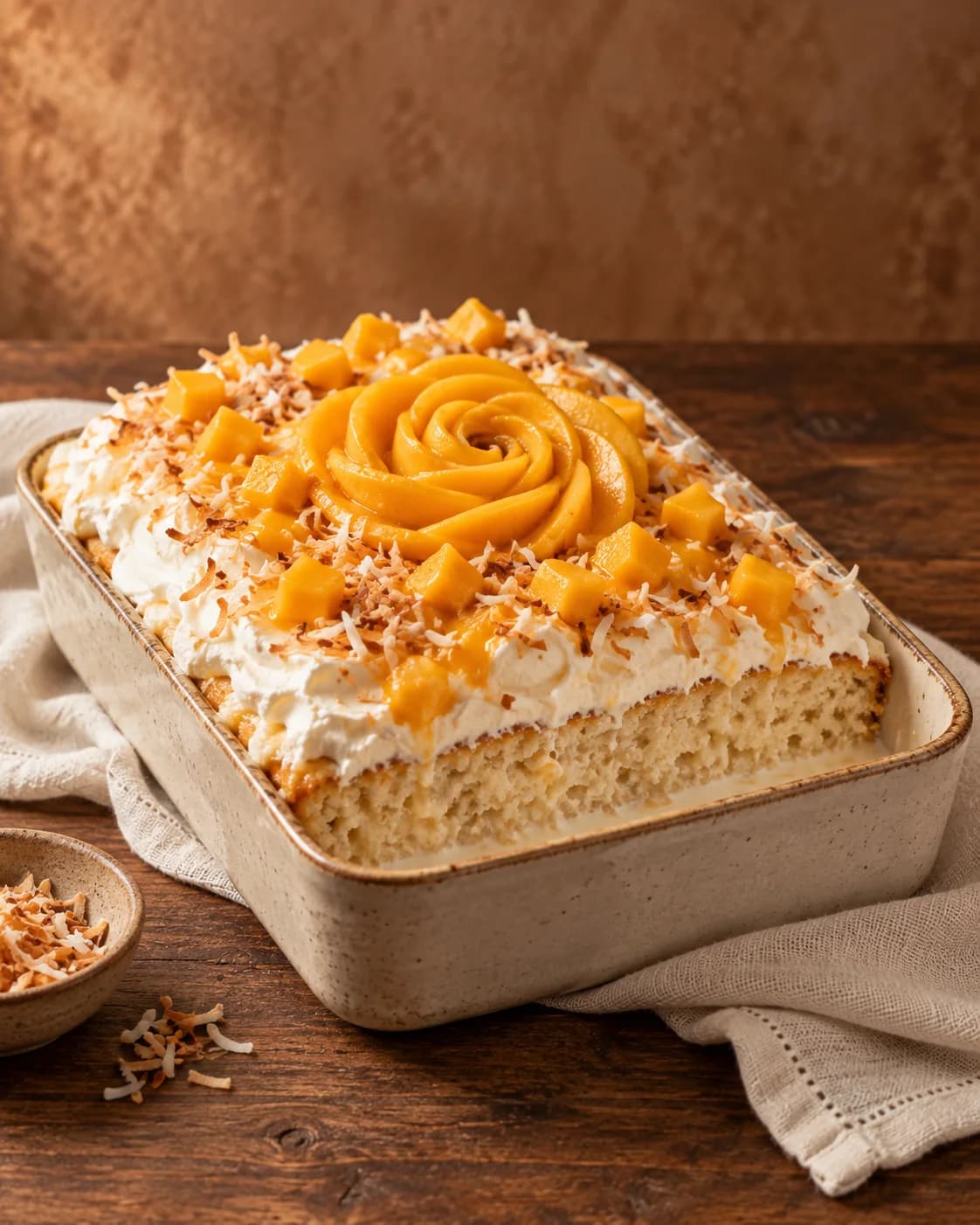 Seasonal mango-coconut tres leches topped with a fresh mango rosette